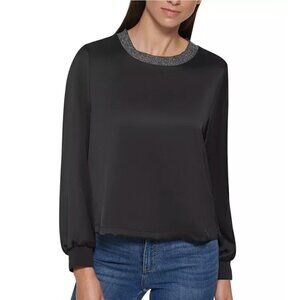 Calvin Klein Metallic Trim Long Sleeve Satin Blouse Black